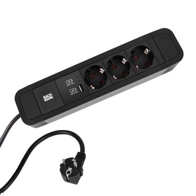 Bachmann Stekkerdoos PRIMO 2 ALU, 3-voudig, zwart, 2,0 m, 1x USB A+C oplader