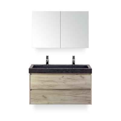 Dante Badmeubelset 100 cm - Craft Oak - Wastafel Hardsteen Wit Lucca 2 kraangaten - met Spiegelkast