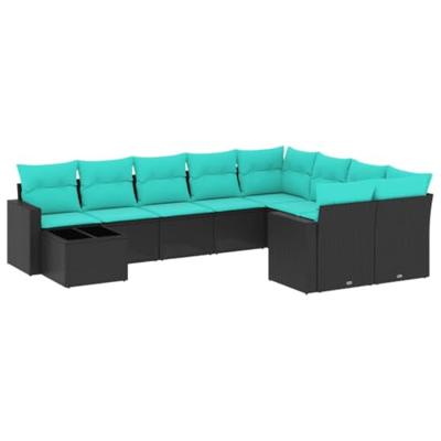 10-delige Loungeset met kussens poly rattan zwart