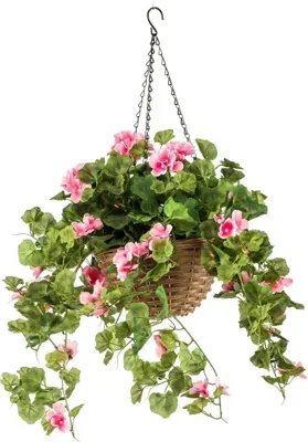 Kunstplant UV bestendig Roze Geranium hangend in mand - 45cm