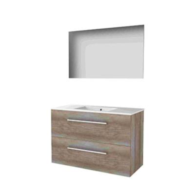 Basic-Line Basic 46 Badkamermeubelset - 100 x 46 cm - Met Grepen - 2 Lades - Keramische Wastafel - 1 Kraangat - Spiegel - Scotch Oak