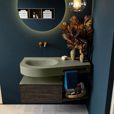 MONDIAZ RIVA 100cm badmeubel onderkast / planchet kleur Dark_Brown met 1 lade. Wastafel DULCET links 0 kraangaten kleur Army.