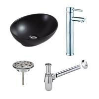 Waskomset BWS Ovaal 40x33x14.5 cm Keramiek Mat Zwart / Chroom (inclusief kraan, afvoer en sifon) - thumbnail