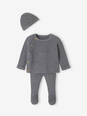 3-delige babyset met gebreid vestje + broek + muts gemêleerd grijs 3-delige babyset met gebreid vestje + broek + muts gemêleerd grijs