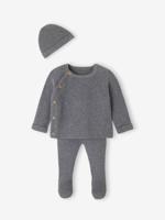 3-delige babyset met gebreid vestje + broek + muts gemêleerd grijs - thumbnail