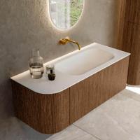 Mondiaz KURVE 115 cm Onderkast Greeploos 1 Lade Met Deuren Walnut, Wastafel Solid Surface Rechts Talc 0 Kraangaten Zonder Spiegel (KRVBGS115L1L1D0KR-Wal/Tal) - thumbnail