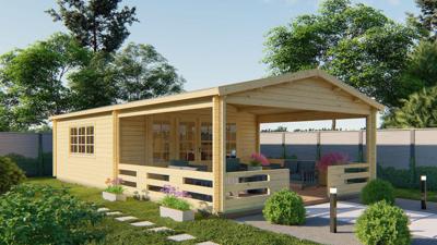 Blokhut Sheffield 540x540 cm + luifel 423 cm - Groen geïmpregneerd- Zadeldak- Geïmpregneerd vurenhout- Tuindeco