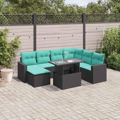 8-delige tuinbankset met kussens, zwart polyrotan