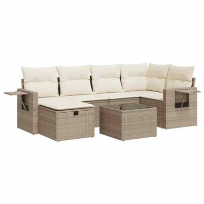 7-delige Loungeset met kussens poly rattan beige