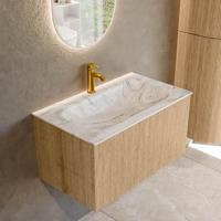 Mondiaz KURVE-DLUX 80 cm Onderkast Greeploos 1 Lade Zonder Deuren Oak, Wastafel Solid Surface Volledig Glace 1 Kraangat Zonder Spiegel (KRVBGS801L0D1KM-Oak/Gla) - thumbnail