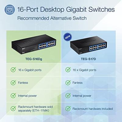 TRENDnet TEG-S16DG 16-Port Onbeheerde Gigabit GREENnet desktop metalen switch, ventilatorloos, 16x RJ-45 poorten, 32 Gbps doorvoersnelheid