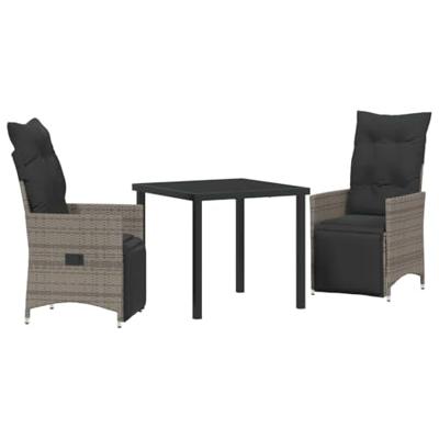 3-delige Tuin Eettafel Set met Kussens - Grijs Poly Rattan