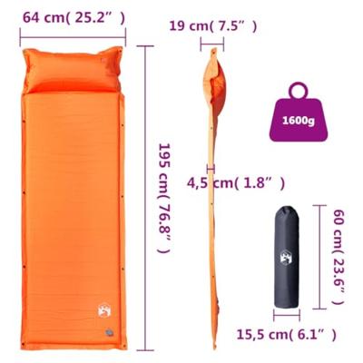 Kampeermatras met gentegreerd kussen zelfopblazend oranje