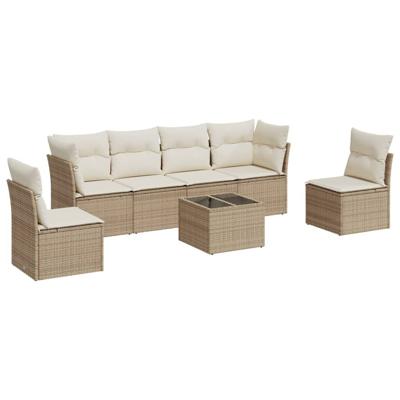 7-delige Loungeset met kussens poly rattan beige - thumbnail