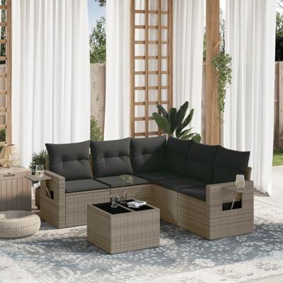 6-delige Loungeset met kussens poly rattan grijs