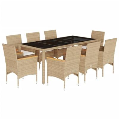 9-delige Tuinset met kussens poly rattan en glas beige