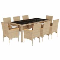 9-delige Tuinset met kussens poly rattan en glas beige - thumbnail