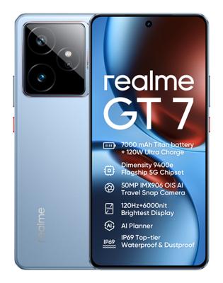 realme GT7 5G smartphone, 12 + 512 GB, 7000 mAh batterij, 120 W opladen, Dimensity 9400e chipset, IMX906 50MP camera, AI Planner, 6000nits Pro-Esports 120Hz display, IP69, blauw, Amazon exclusief