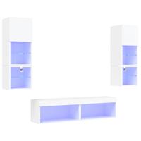 6-delige Tv-wandmeubelset met LED-verlichting bewerkt hout wit - thumbnail