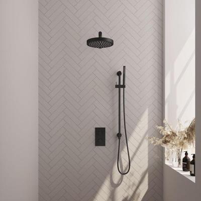Brauer Stripe thermostatische inbouw regendouche 3-weg rechthoekig SET 19 met 25 cm douchekop en rechte muurarm en staaf handdouche en doucheslang en geintegreerde glijstang mat zwart