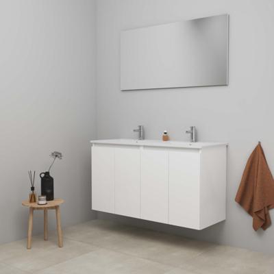 On-Line Badkamermeubelset - 120 cm - Bouwpakket - Greeploos 4 Deuren - Acryl Wastafel - 2 Kraangaten - Spiegel - Hoogglans Wit