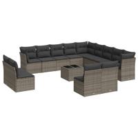 14-delige Loungeset met kussens poly rattan grijs - thumbnail