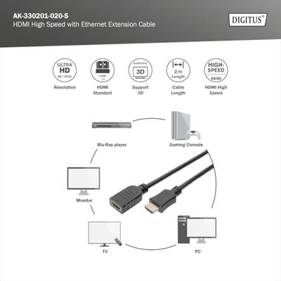 Digitus AK-330201-020-S HDMI-kabel HDMI Verlengkabel HDMI-A-stekker, HDMI-A-bus 2.00 m Zwart 4K UHD, Rond, Vergulde steekcontacten, Afgeschermd (drievoudig)