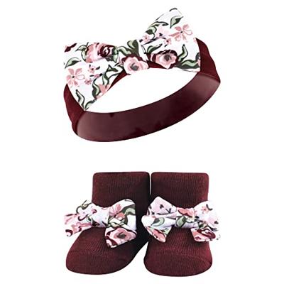 Hudson Baby Infant Girl Headband and Socks Giftset, Pink Burgundy, One Size