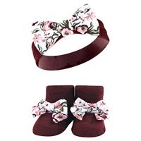 Hudson Baby Infant Girl Headband and Socks Giftset, Pink Burgundy, One Size - thumbnail