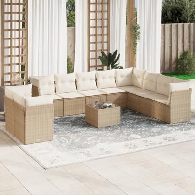 11-delige Tuinset met kussens poly rattan beige