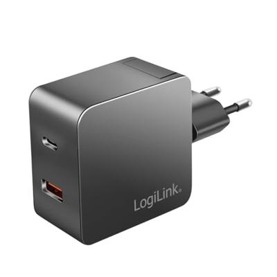 LogiLink Dubbele USB-oplader, 1 x USB-A, 1 x USB-C, GaN (galliumnitrid) voor hoge efficiëntie tot 45 W, PPS-opladen (programmeerbare voeding), PowerDelivery & QuickCharge