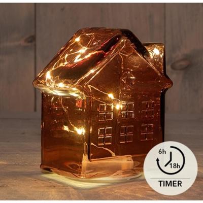 LED Huisje glas bordeaux H14cm