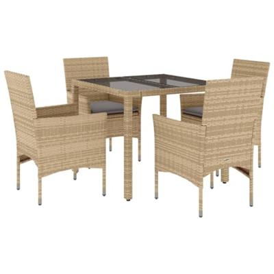 5-delige Tuinset met kussens poly rattan en glas beige