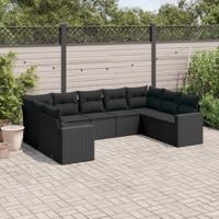 9-delige Loungeset met kussens poly rattan zwart - thumbnail