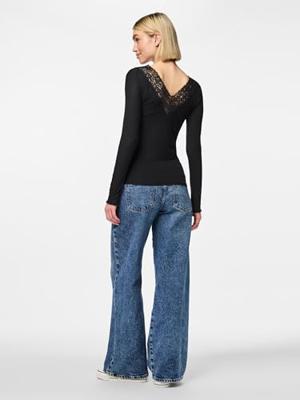 Dames shirt Kant lange mouw - Siri - Zwart Viscose dames ondershirt lange mouw