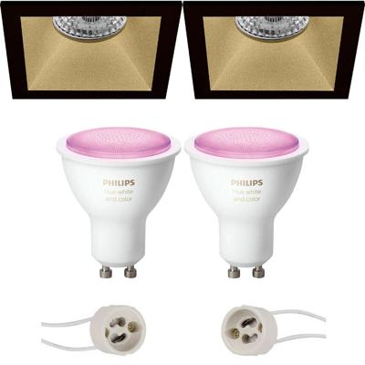 Pragmi Pollon Pro - Inbouw Vierkant - Mat Zwart/goud - Verdiept - 82mm - Philips Hue - Led Spot Set Gu10 - White And Pragmi Pollon Pro - Inbouw Vierkant - Mat Zwart/goud - Verdiept - 82mm - Philips Hue - Led Spot Set Gu10 - White And