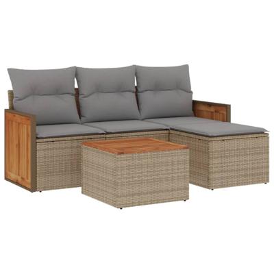 5-delige Loungeset met kussens poly rattan beige