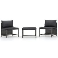 3-delige Loungeset met kussens poly rattan grijs - thumbnail