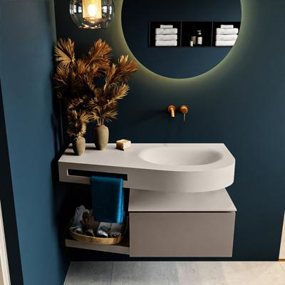 MONDIAZ RIVA 100cm badmeubel onderkast / planchet kleur Smoke met 1 lade. Wastafel DULCET rechts 0 kraangaten kleur Linen.