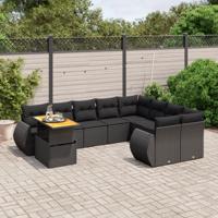 10-delige Loungeset met kussens poly rattan zwart - thumbnail