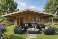 Tuindeco Piet blokhut 595x300 cm + luifel 200 cm - inclusief zwarte dakshingles, dakgoot, binnenvloer en composiet funderingsbalken - Showmodel Numansdorp- Zadeldak- Onbehandeld vurenhout- Tuindeco - thumbnail