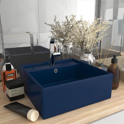 VidaXL Wastafel met overloop vierkant 41x41cm keramiek mat donkerblauw