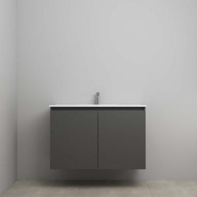 On-Line Onderkast - 100 cm - Bouwpakket - Greeploos 2 Deuren - Porseleinen Wastafel - 1 Kraangat - Mat Antraciet