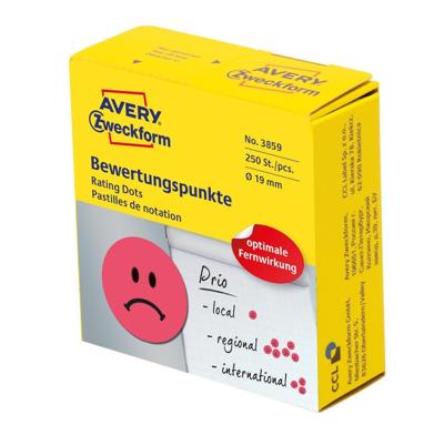 Avery rating dots, diameter 19 mm, rol met 250 stuks, smiley, rood Avery rating dots, diameter 19 mm, rol met 250 stuks, smiley, rood