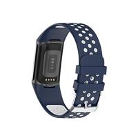FitBit Charge 5 & 6 Sportbandje met gesp - Donkerblauw / wit - Tweekleurig - Maat: L - thumbnail