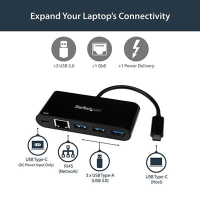 StarTech.com USB-C naar Ethernet adapter met 3 poorts USB 3.0 hub en Power Delivery