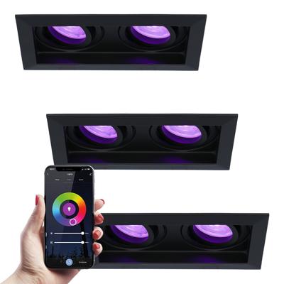 Set van 3 Durham Dubbel smart inbouwspots vierkant - Wifi + Bluetooth - RGBWW - GU10 11 Watt 670 Lumen - Kantelbaar - Google Home, Amazon Alexa en Siri - Zwart Set van 3 Durham Dubbel smart inbouwspots vierkant - Wifi + Bluetooth - RGBWW - GU10 11 Watt 670 Lumen - Kantelbaar - Google Home, Amazon Alexa en Siri - Zwart