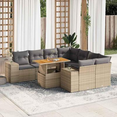 9-delige Loungeset met kussens poly rattan beige
