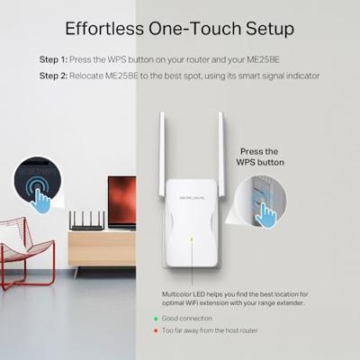 Mercury TP-Link ME25BE WiFi Repeater BE3600Mbps, 1 Gigabit Ethernet-poort, krachtige wifi-repeater voor thuis, wifi-extender, compatibel met alle internetboxen, 2 externe antennes, RE/AP-modus