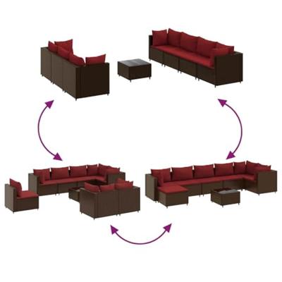 8-delige Loungeset met kussens poly rattan bruin
